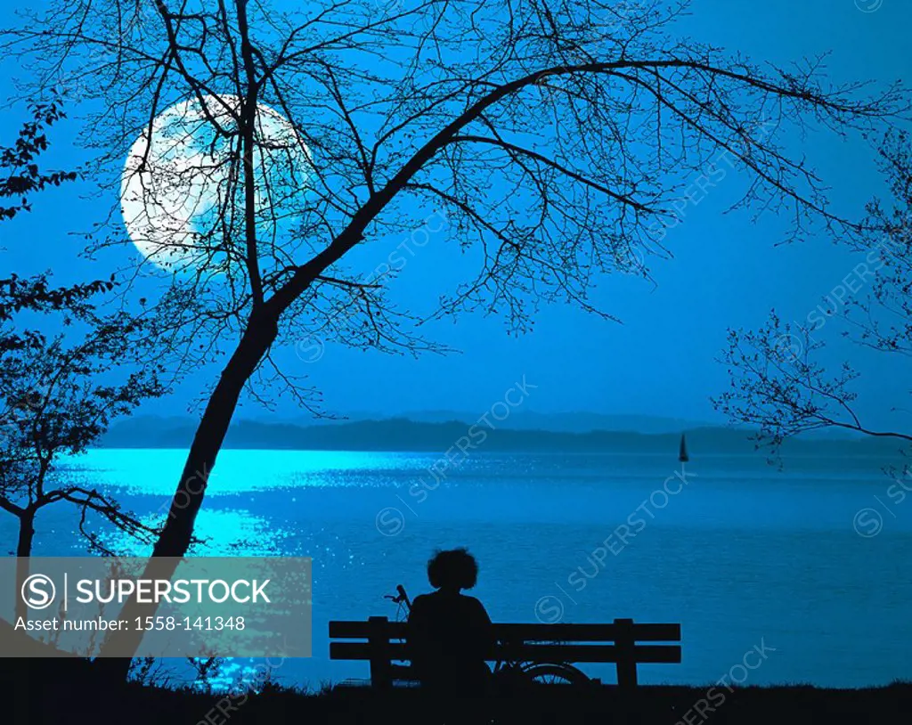 Germany, Bavaria, Chiemsee, shore, silhouette, person, park-bank, sitting, relaxation, evening, full moon, M, lake,shore, trees, autumn, bench, people...