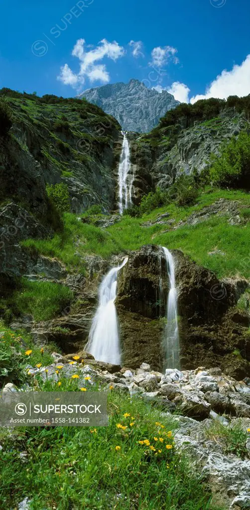 Austria, Salzburger Land, Pongau, Hochkönig, Mühlbach, waterfall, summer, mountain scenery, mountains, Riedingalm, brook, mountain-brook, water, flows...