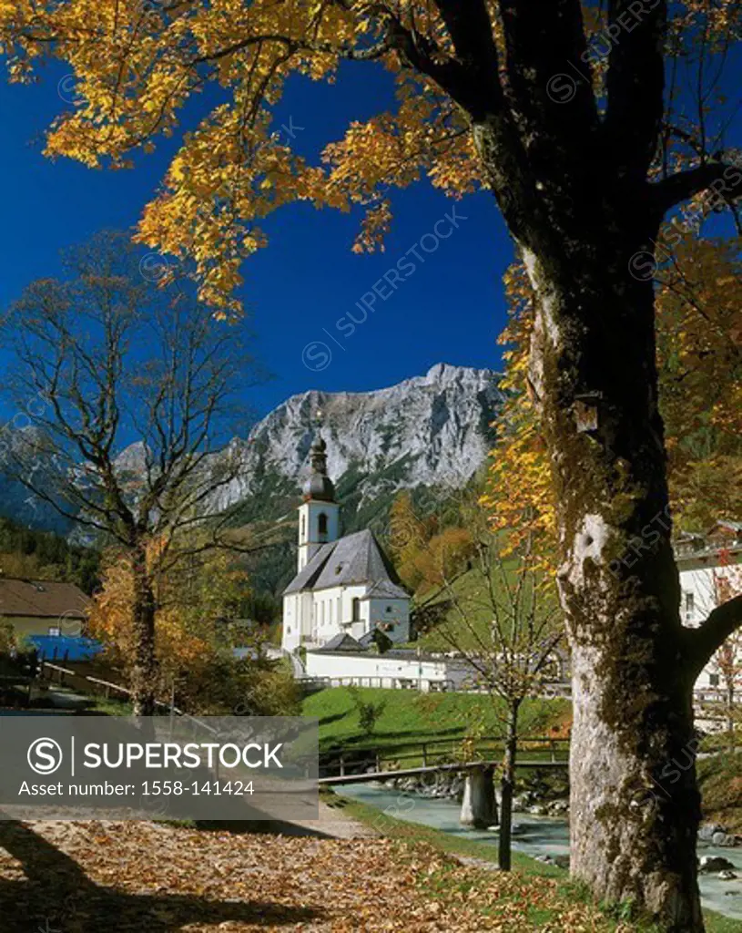 Germany, Bavaria, Berchtesgadener land, Ramsau, church St Fabian and Sebastian, autumn, Upper Bavaria, tourist resort, parish-church, brook, river, br...