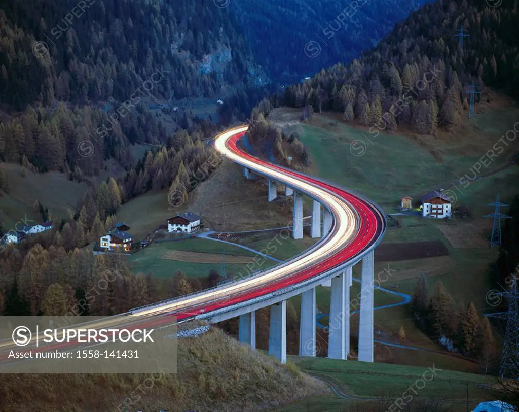 Austria, Tyrol, burner-highway, highway-bridge, light-tracks, traffic, twilight, Inntal, burners, highway, traffic, transportation, roadway, roadways,...