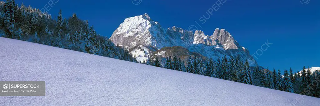 Austria, Tyrol, Kirchdorf, Wilder Kaiser, mountain scenery, winter, North-Tyrol, Kaiser-mountains, mountains, Ostkaiser, snow-surface, snow, season, d...