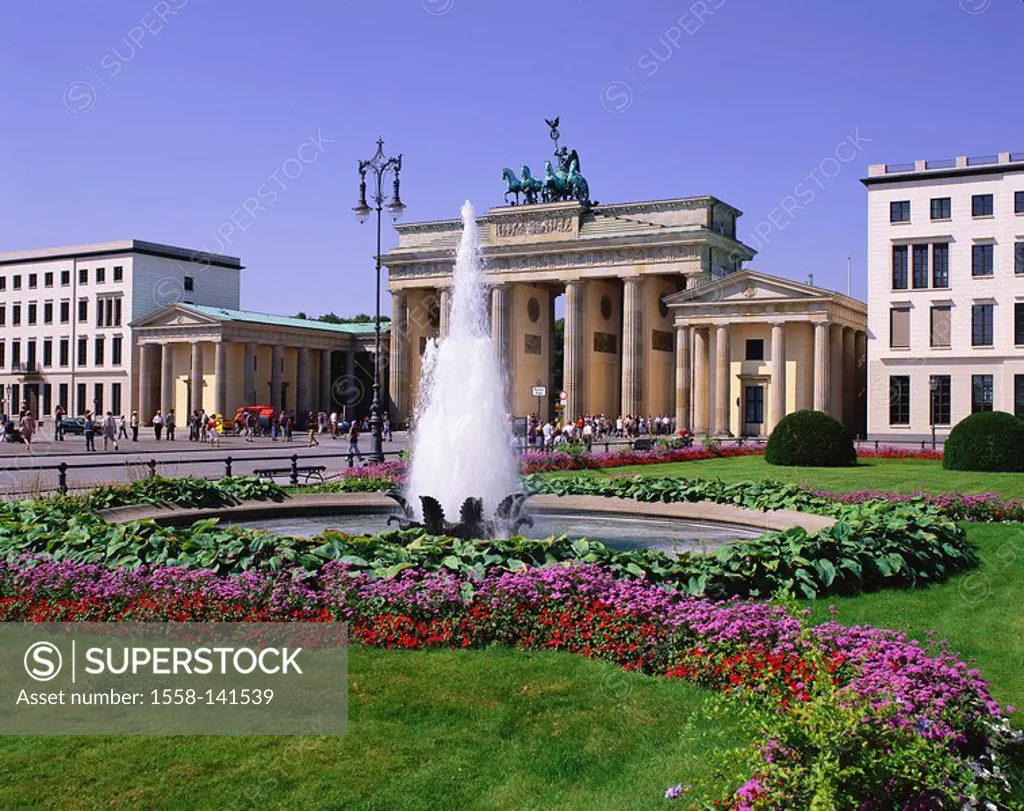 Germany, Berlin, Brandenburg gate, flower bed, fountains, Europe, city, capital, district, sight, gate-buildings, gate, architecture, construction, la...