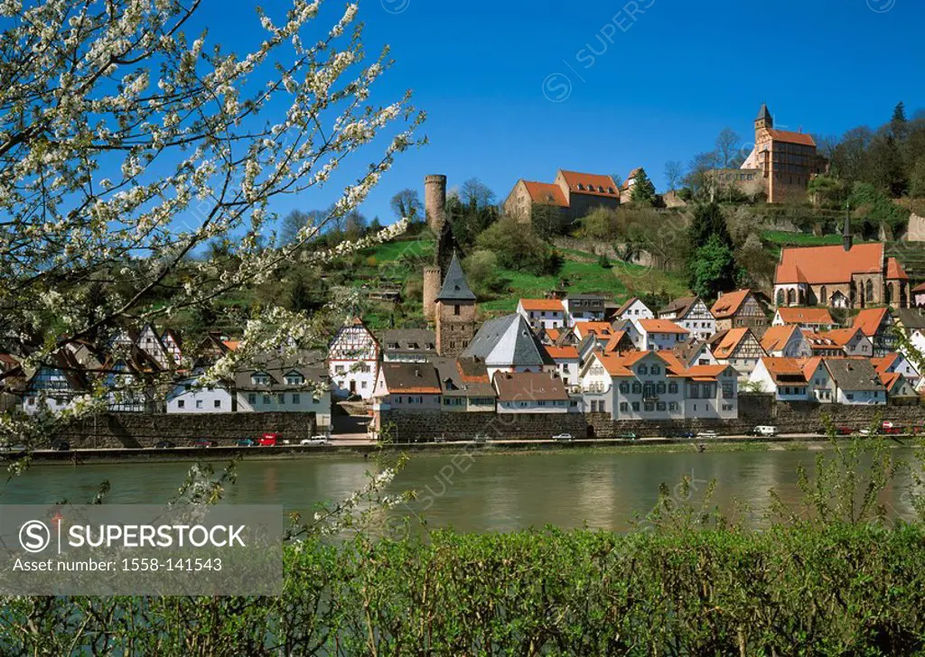 Germany, Hesse, Hirschhorn, city view, river Neckar, city, buildings, constructions, architecture, castle, castle-towers, castle wall, residences, tim...