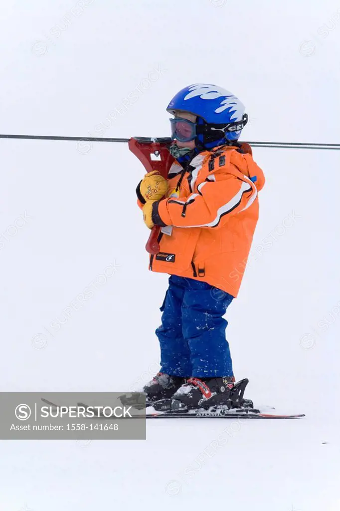 boy, small, skiing, cable lift, winter