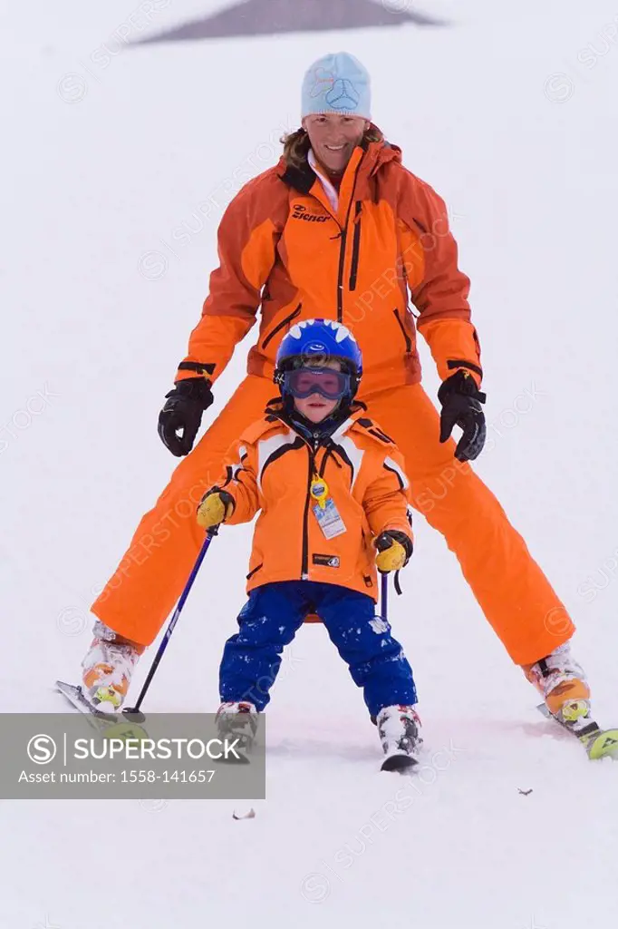 Mother, child, skiing, snow plow, winter