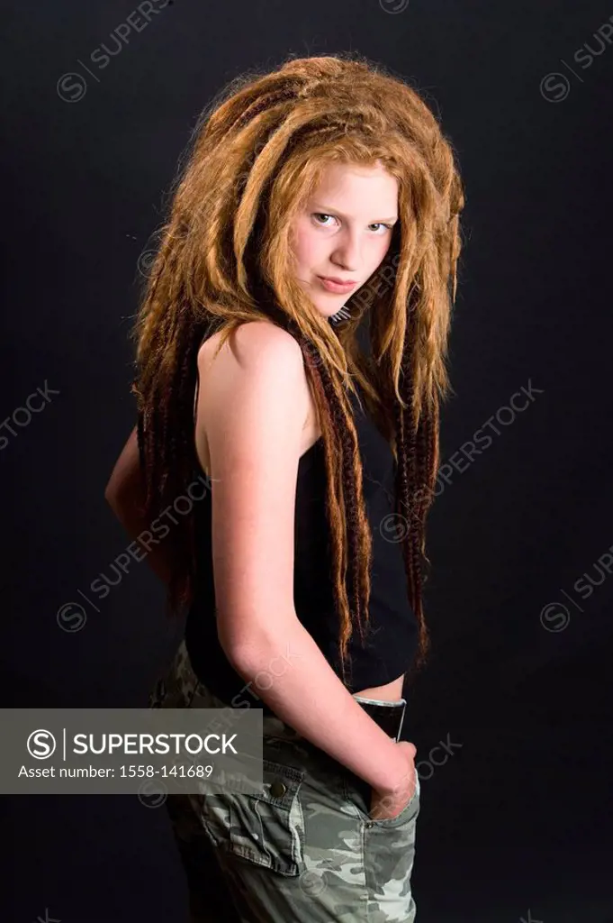 Teenagers, girl, Dreadlocks, stands, seriously, self-confidently, semi-portrait,
