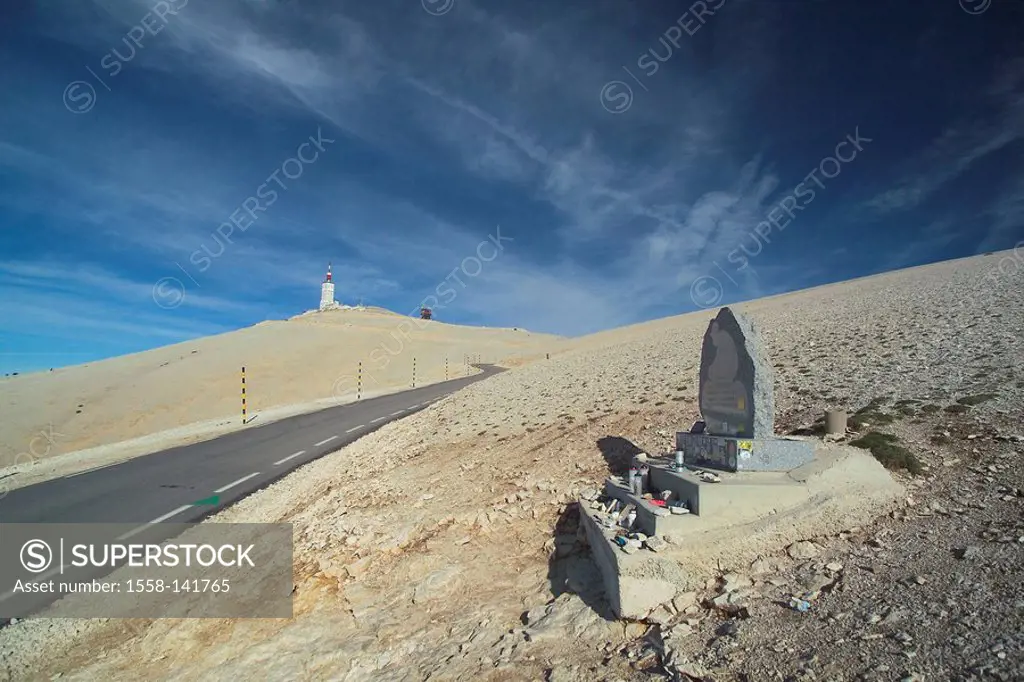France, Provence, Mont Ventoux, memorial, cyclists Tom Simpson, mountains, mountain, mountain-street, street, roadside, accident-place, monument, comm...