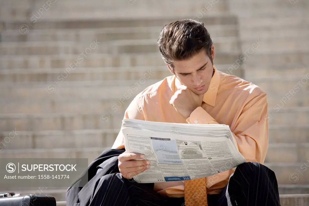 City, man, young, suit, file-suitcases, newspaper, sitting reads, position-ads, thoughtfully, business, free-stairway, stairway-ascent, steps, people,...