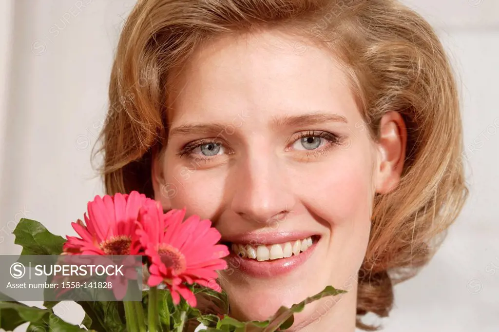 Woman, young, flowers, smiling, holding, portrait, broached,