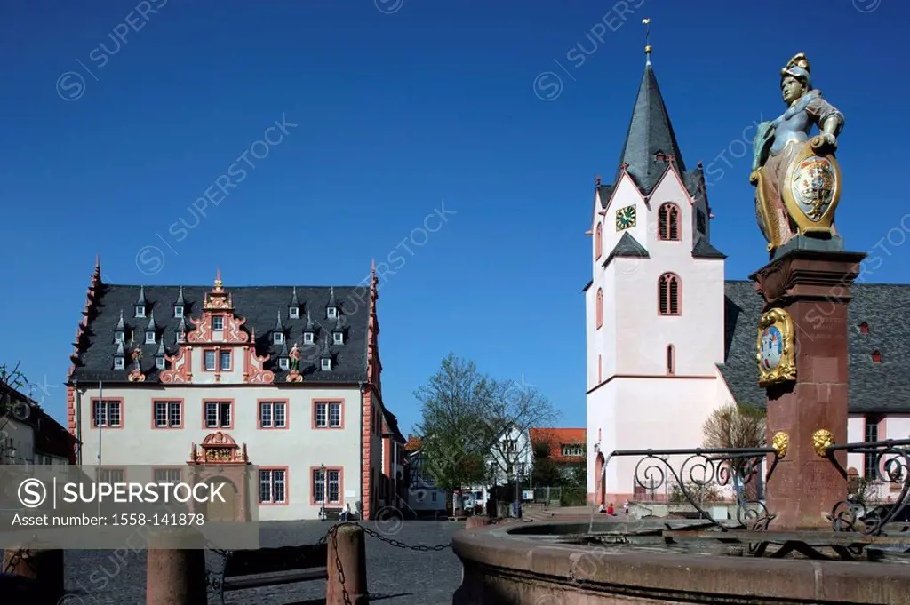 Germany, Hesse, Odenwald, Groß-Umstadt, market place, town hall, church, market-wells, city, city view, place, culture, buildings, constructions, hist...