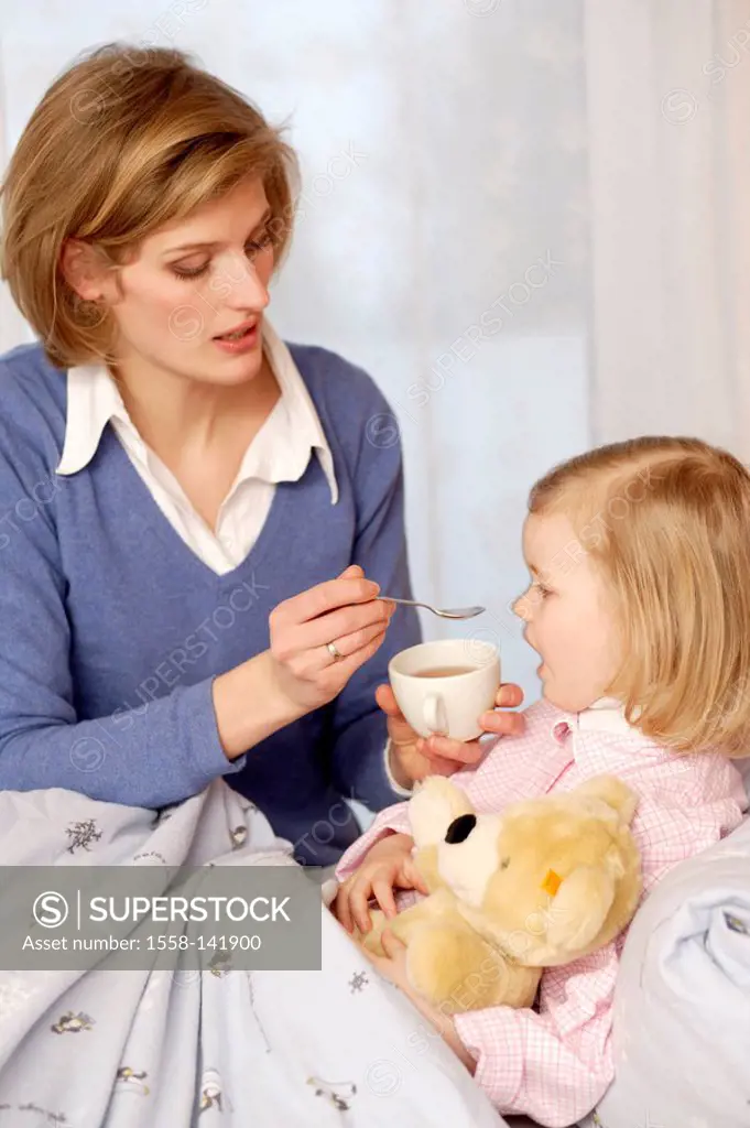 girl, sick, bed, mother, teacup, spoon,