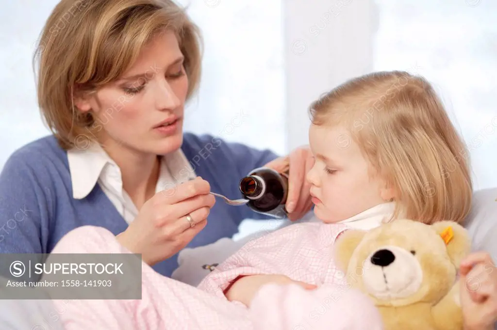 girl, sick, bed, mother, spoon, medicine, giving,