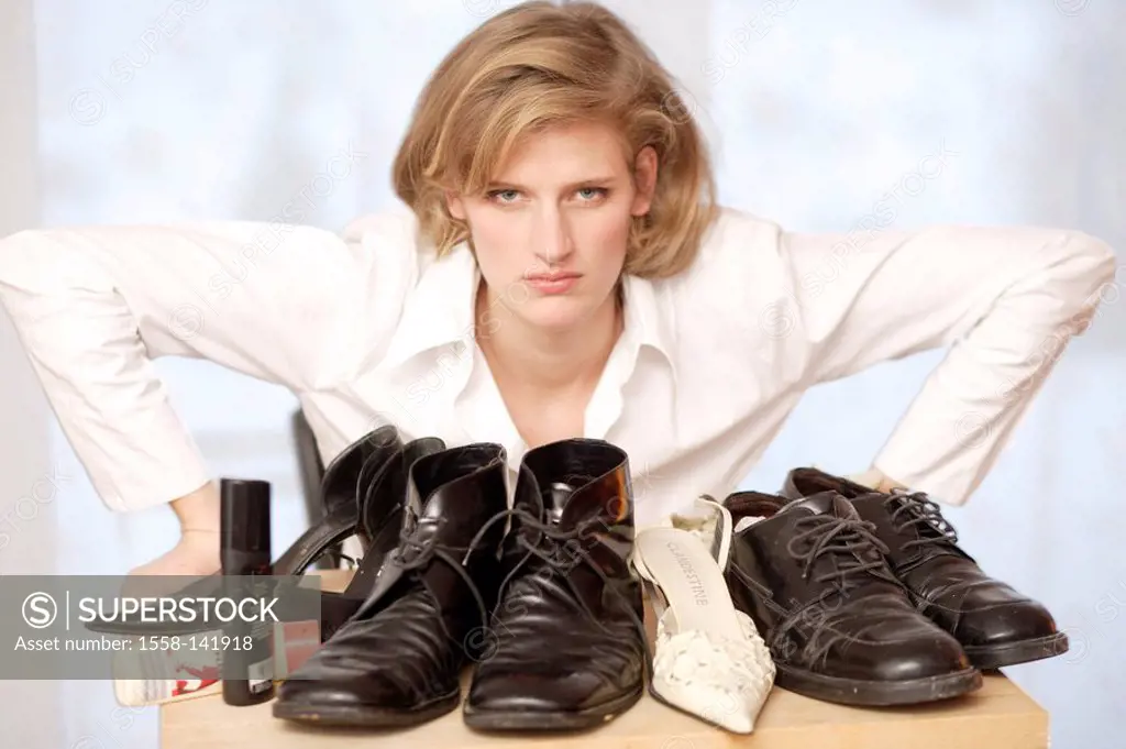 Woman, young, angrily, shoes, cleaning, portrait,