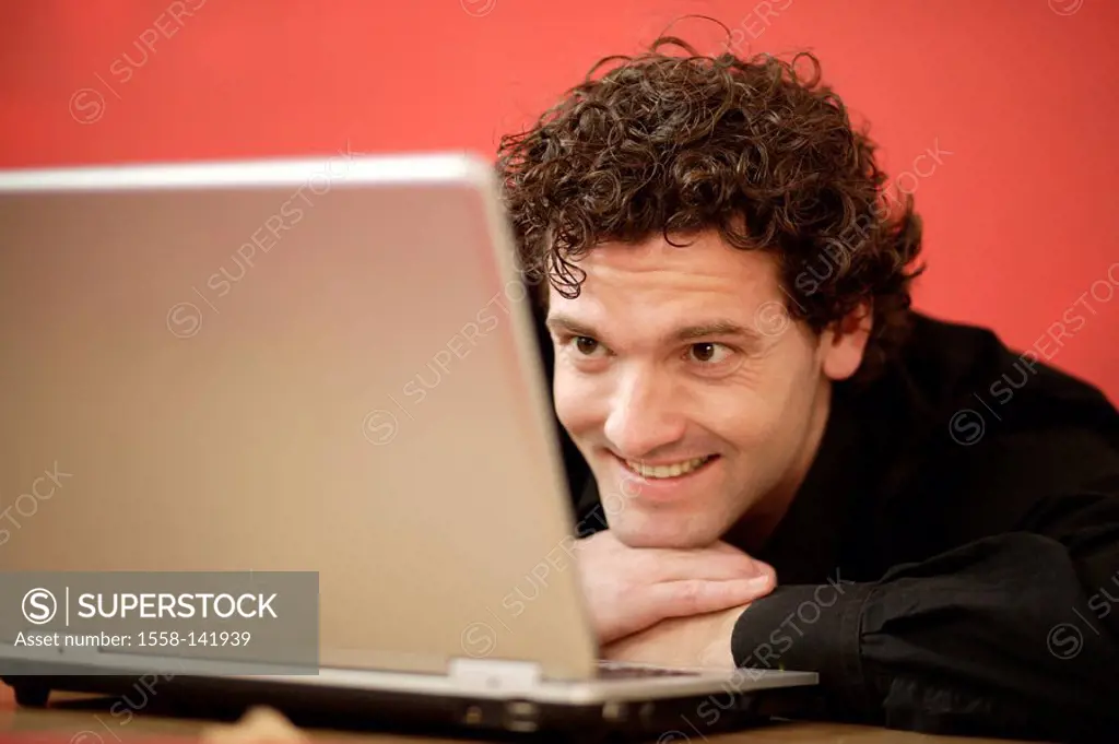 Man, smiling, Notebook, data input, portrait,