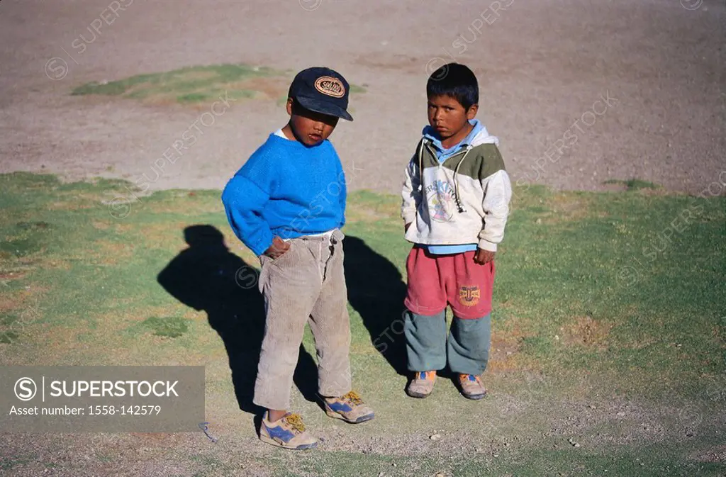 Bolivia, children, two, smiling, , people, get along boys, swarthily, full-length, headgear, natives Bolivians South Americans South America outside, ...