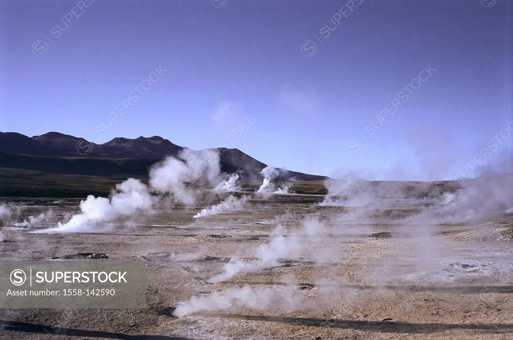 Chile, Atacamawüste, mountain-chain, geysers, South America, Andes, Atacama, volcanos, rocks, smoke, smoke, steam, tops, tourism, sight, mountain scen...