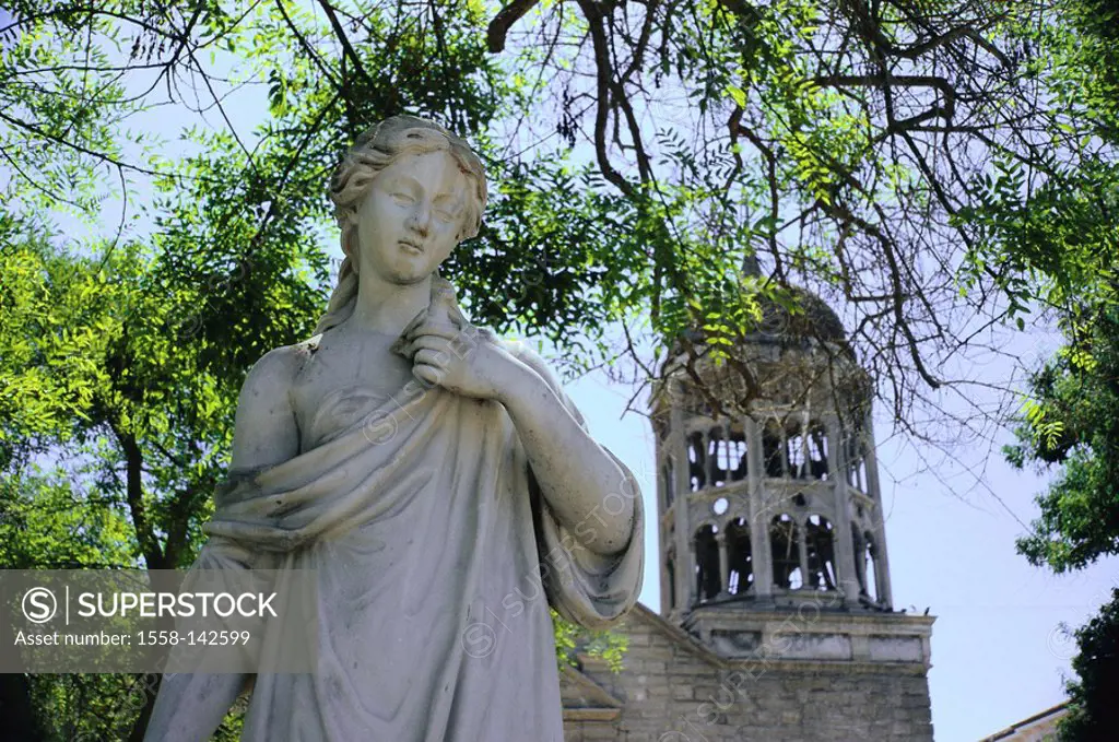 Chile, Coquimbo, Cordovez, steeple, statue, detail, South America, Serena, city, church, tower, belfry, architecture, sculpture, trees, branches, leav...