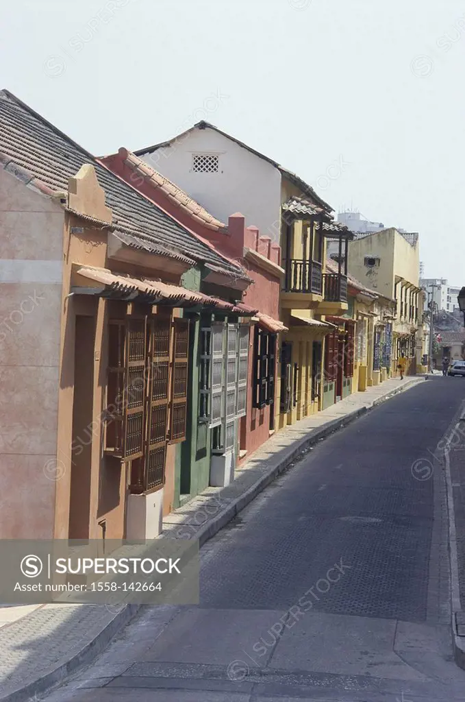 Colombia, Cartagena, Old Town, alley, row of houses, detail, South America, side street, houses, residences, house-facades, differently-colored, deser...