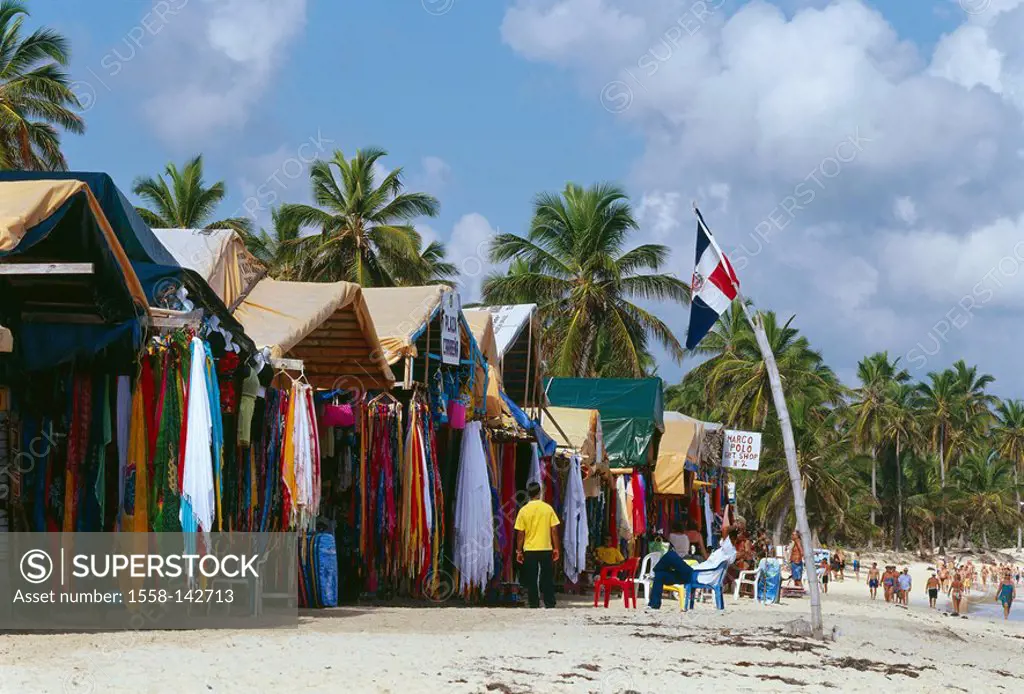 Dominican republic, Punta Cana, Playa Bavaro, souvenir-businesses, tourists, Caribbean, beach, sandy beach, sale-alms, booths, sale, souvenirs, swim-s...