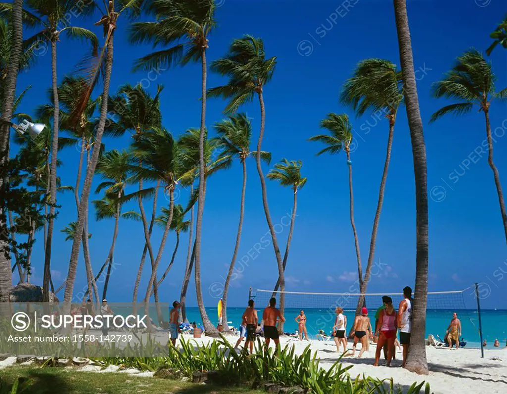 Dominican republic, Punta Cana, Playa Bavaro, Beachvolleyballspieler, Caribbean, palm-beach, sandy beach, beach, people, swimmers, tourists, volleybal...