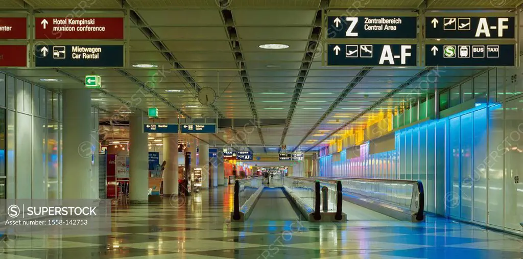 Germany, Upper Bavaria, Munich, airport Munich II, terminal I, conveyor belts, signs, indoors, Bavaria, airport-buildings, person-conveyer belt, conve...