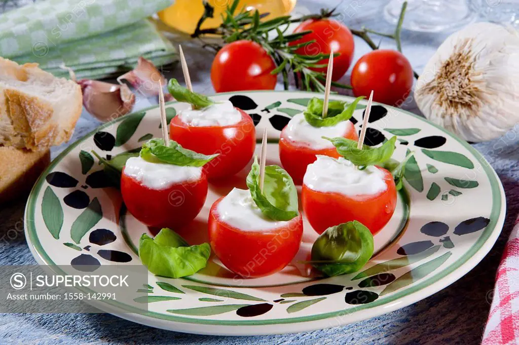 Plates, cherry_tomatoes, cream_cheese, filled basil, series, food party_food finger_food tomatoes, vegetables, cheese_filling, cream_cheese_filling, t...