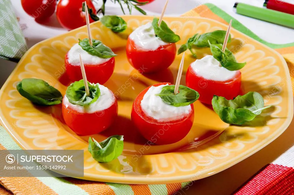 Plates, cherry_tomatoes, cream_cheese, filled basil, series, food party_food finger_food tomatoes, vegetables, cheese_filling, cream_cheese_filling, t...
