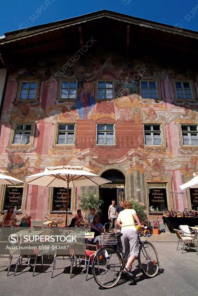 Germany, Upper Bavaria, Mittenwald, Obermarkt, cafe, facade, Lüftlmalerei