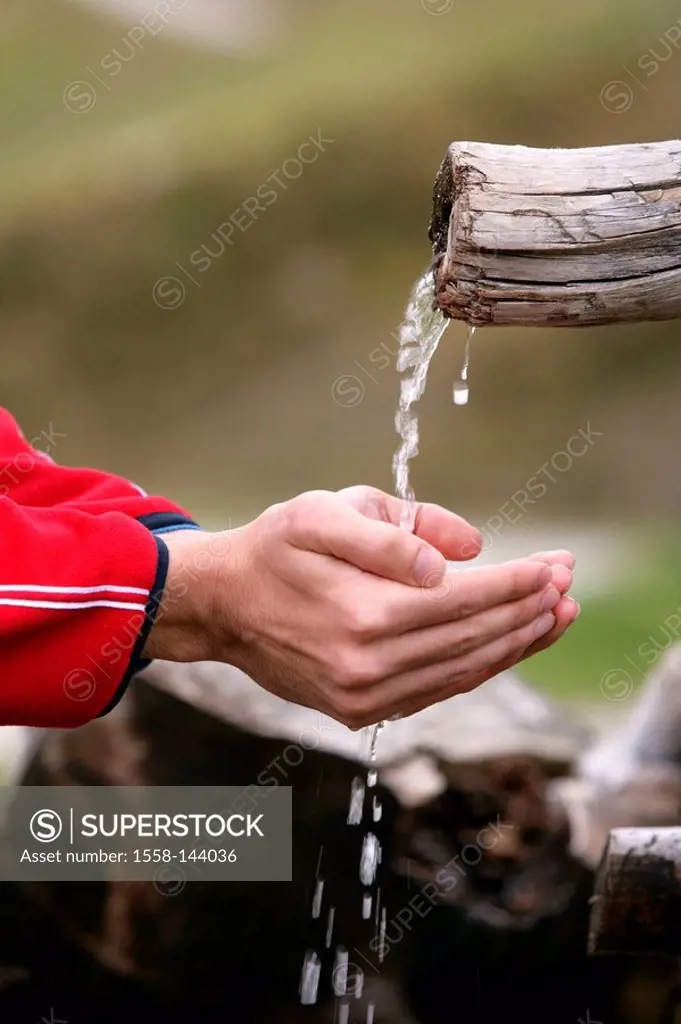 Man, hiking, resting, wells, refreshment, detail, hands,