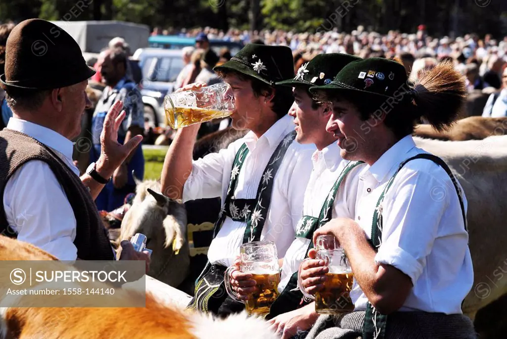 Germany, Allgäu, Oberstdorf, men, drinking beer,