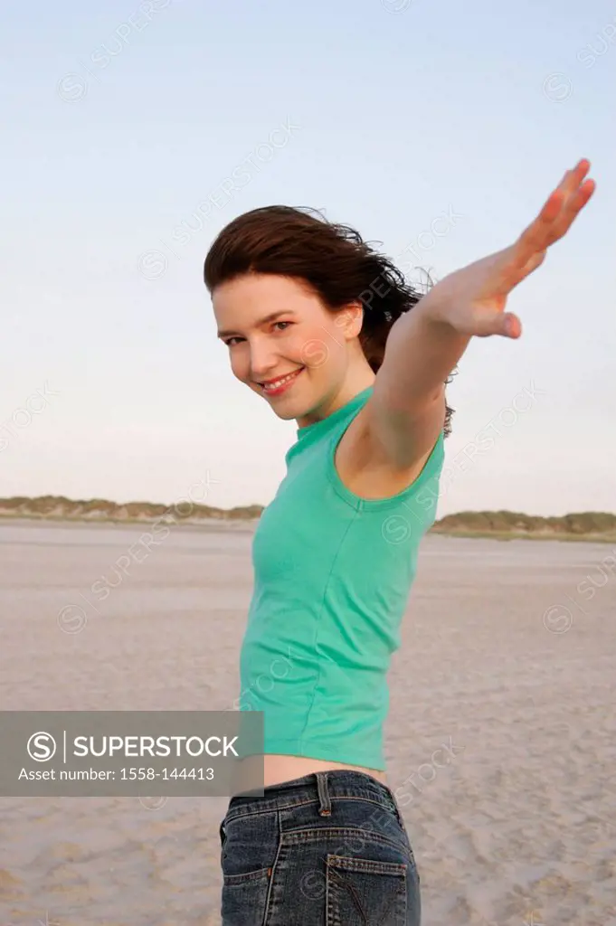 sandy beach, woman, young, smiling, cheerfully, detail, series, people, brunette, top, green, self_confidence, contentment, waits, enjoying, relaxatio...