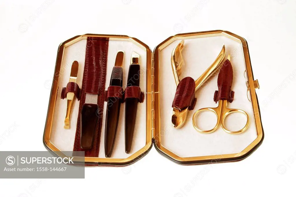 manicure set, openly, case, nail_scissors, nail_tongs, tweezers, file, nail_file, manicure, manicure, cosmetics, beauty, cosmetology, clipping path,