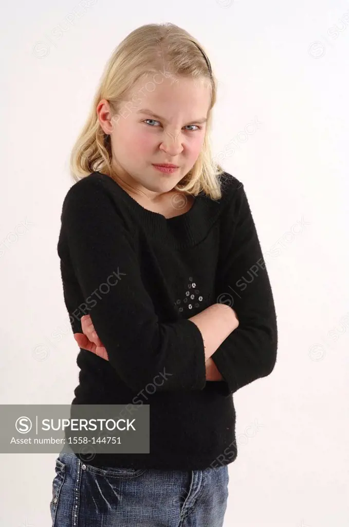 girl, blond, poor, crosses, angrily, detail, series, people, child, jeans, sweaters, facial expression, petulant, sullen, unsatisfied, displeases defi...