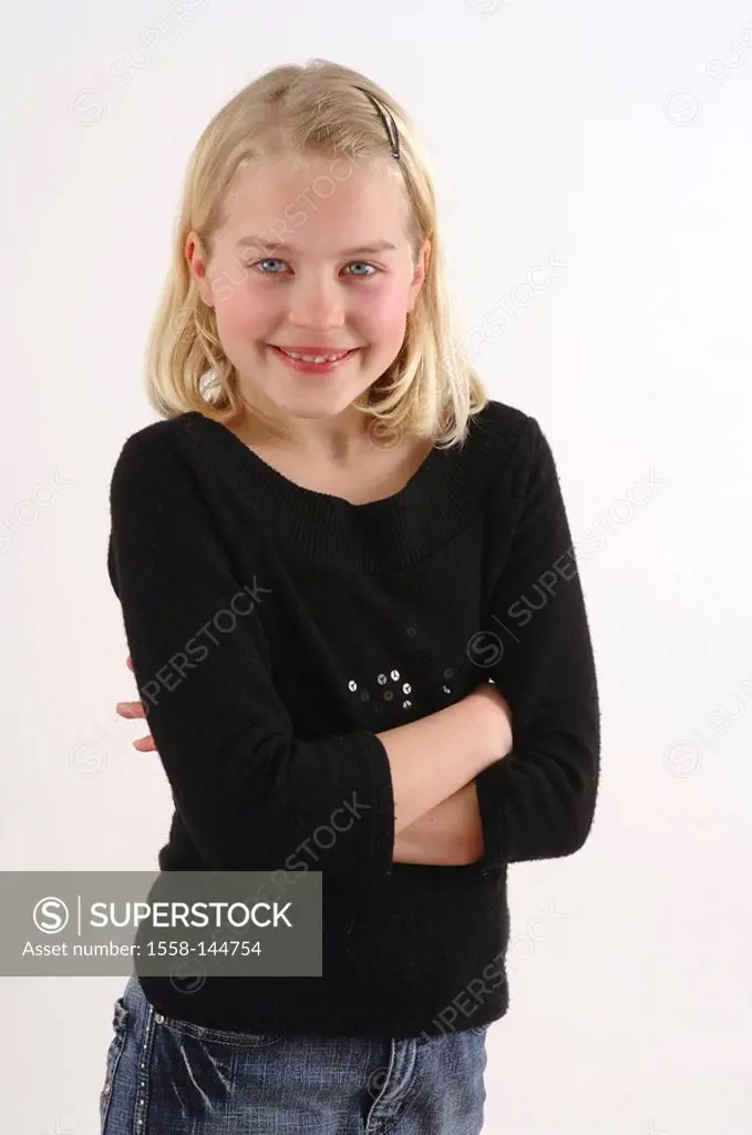 girl, blond, poor crosses, smiling, detail, series, people, child, jeans, sweaters, stands, kindly, cheerfully, naturalness, childhood, freely, happil...