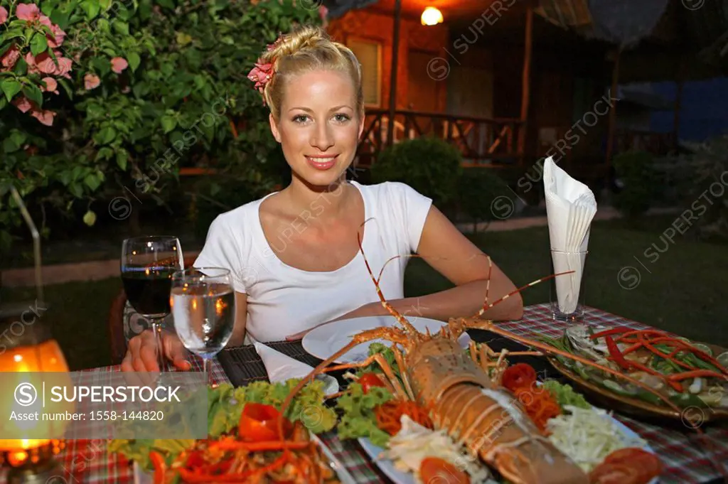 woman, vacation, meal, drinking, restaurant, outside, evening,