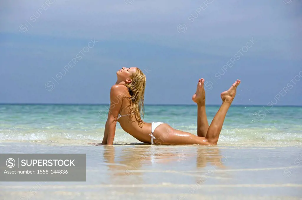 woman, young, blond, bikini, lake,beach, lying,