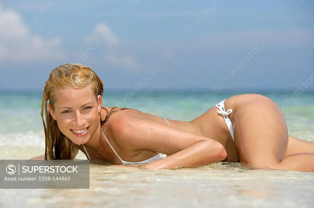 woman, young, blond, bikini, lake,beach, lying, pose,