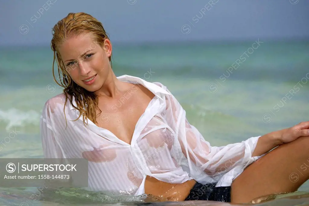 woman, young, blond, lake,clothing, blouse, wet,