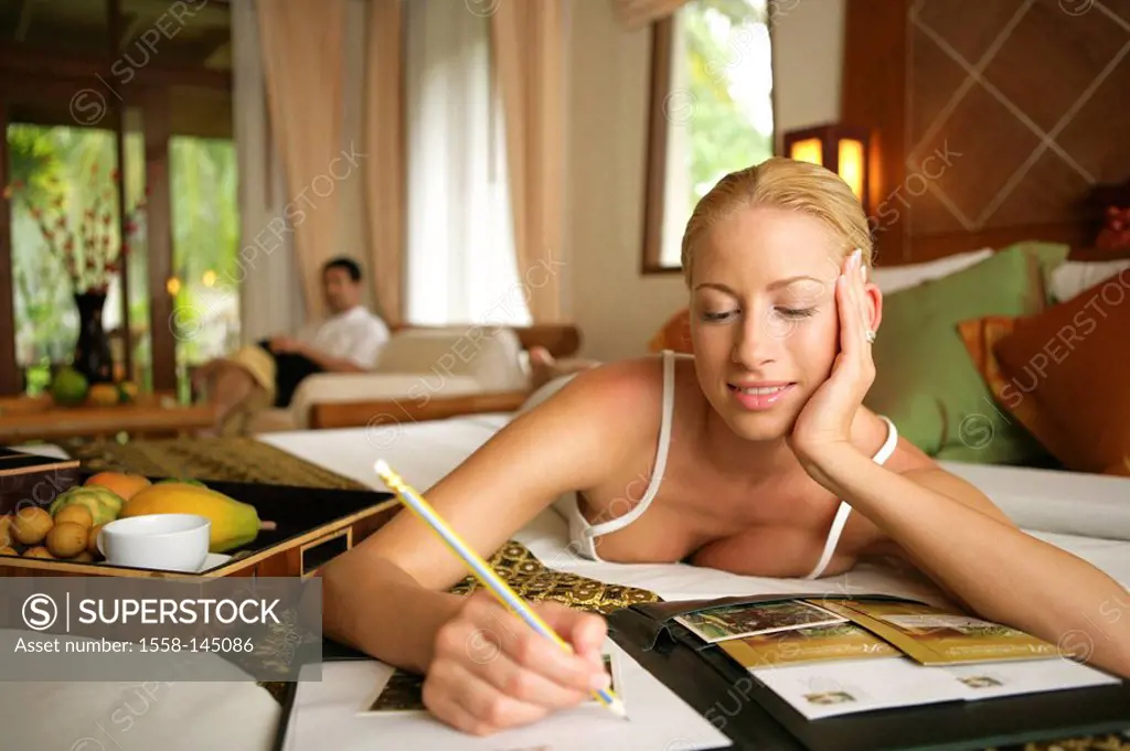 Mate, vacation, hotel_rooms, relaxing, woman, writing,