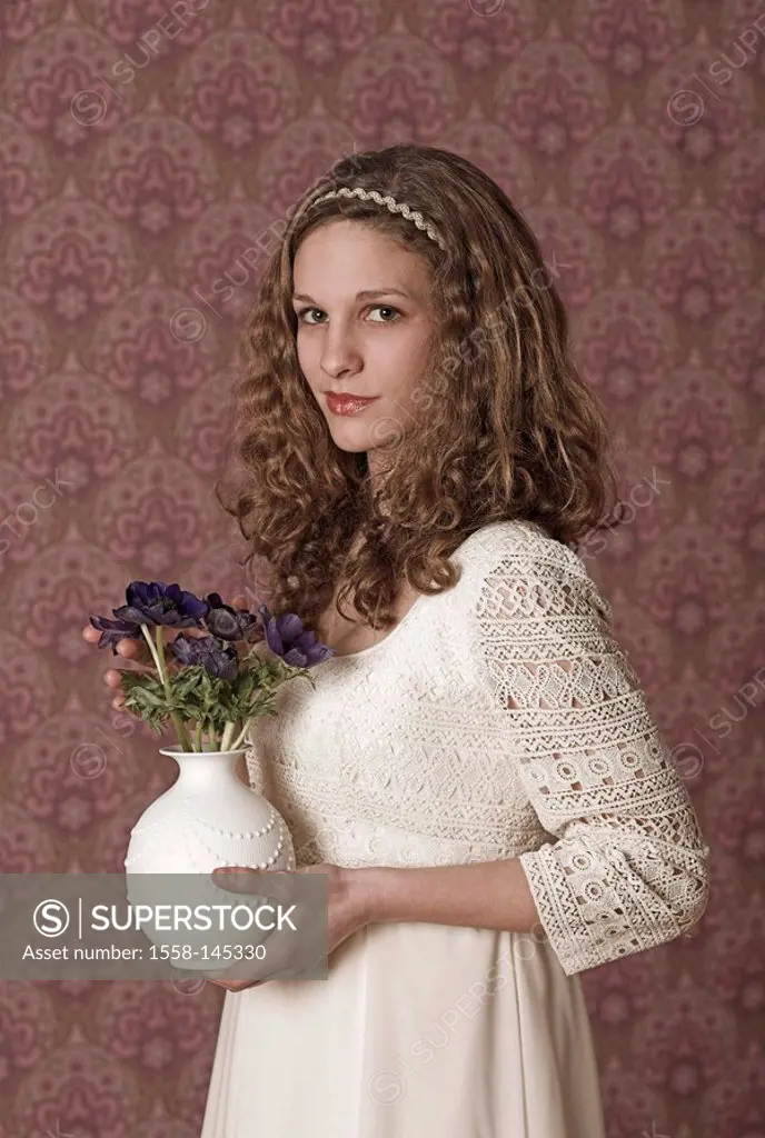 girl, brunette, alice band, flower_vase, detail, series, people, young, dress, beige, vase, flowers, anemones, flower_bouquet, naturalness, holds wall...