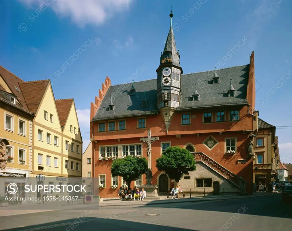 Germany, Bavaria, Lower Franconia, ox_ford, new town hall, tourists, summer, , Main_valley, cross, construction, buildings, lance_turret, Figurenuhr, ...