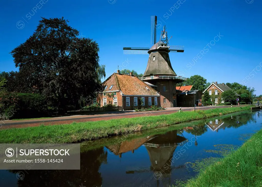 Germany, Lower Saxony, East Frisia, Westgroßfehn, mill, canal, Northern Germany, frieze_country, Großfehn, sight, buildings, construction, architectur...