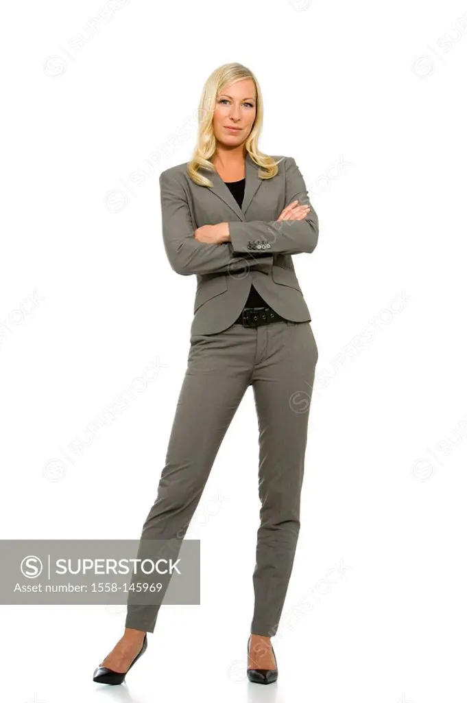 smiling woman, pant suit, gesture,