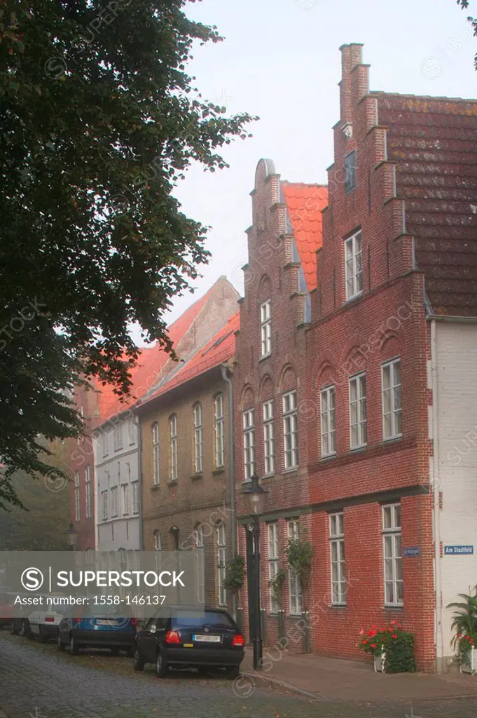 Germany, Schleswig_Holstein, Friedrichstadt, Old Town, row of houses, fog, Northern Germany, North Sea