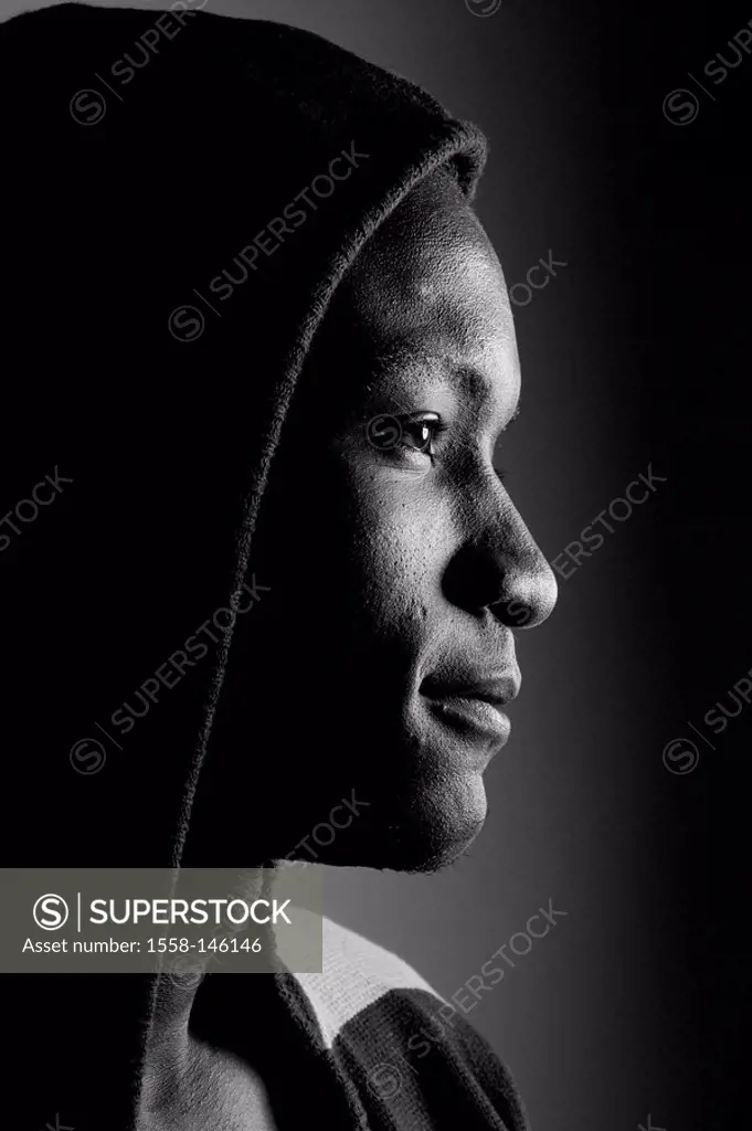 Man, people, colored, young, hoody, side_portrait, s/w, series, people, teenager, face, seriously, self_confidence, profile, studio,indoors, Afro_amer...