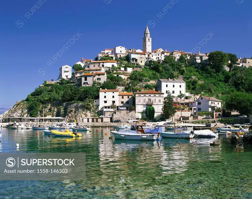 Croatia, Istria, island Krk, Vrbnik, locality perspective, boats, coast, Adriatic Sea, lake,water, place, fisher_village, hills, houses, church, steep...