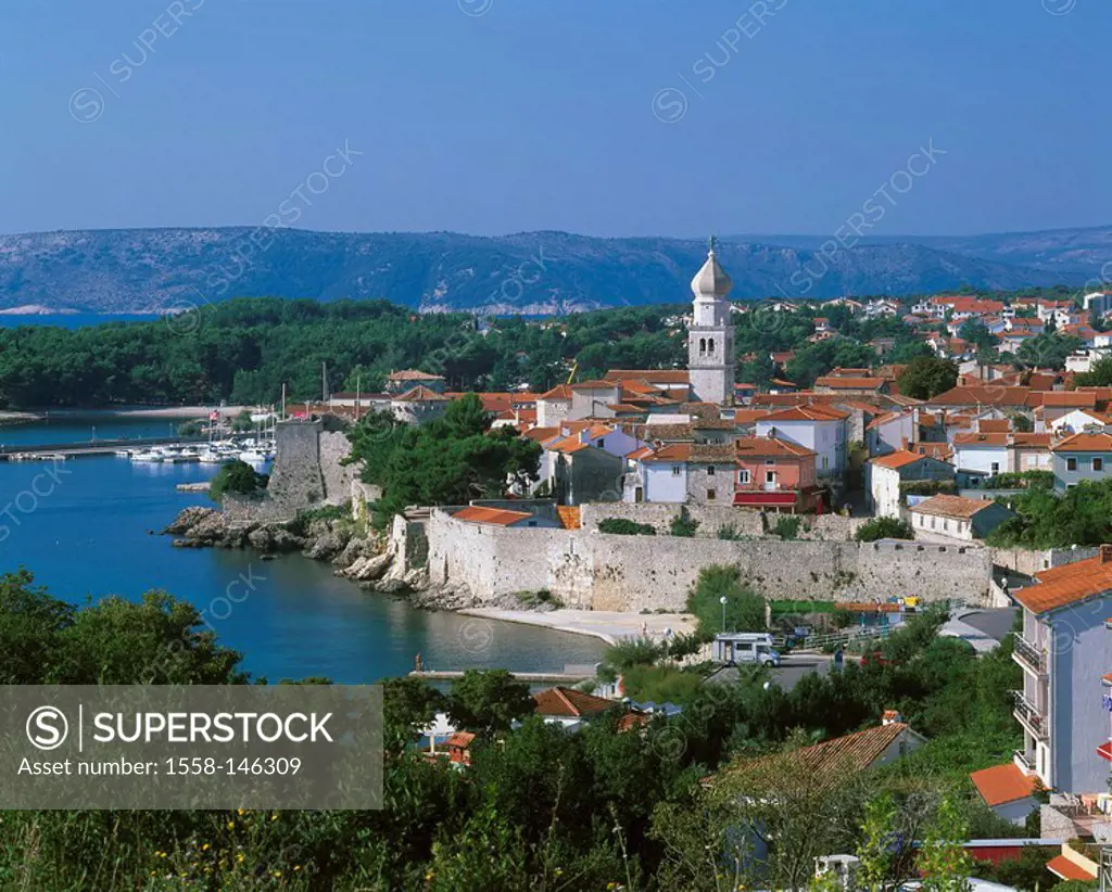 Croatia, Istria, island Krk, island_capital, city view, coast, Adriatic Sea, lake,water, city, bay, wall, city wall, church, steeple, harbor, boats, s...