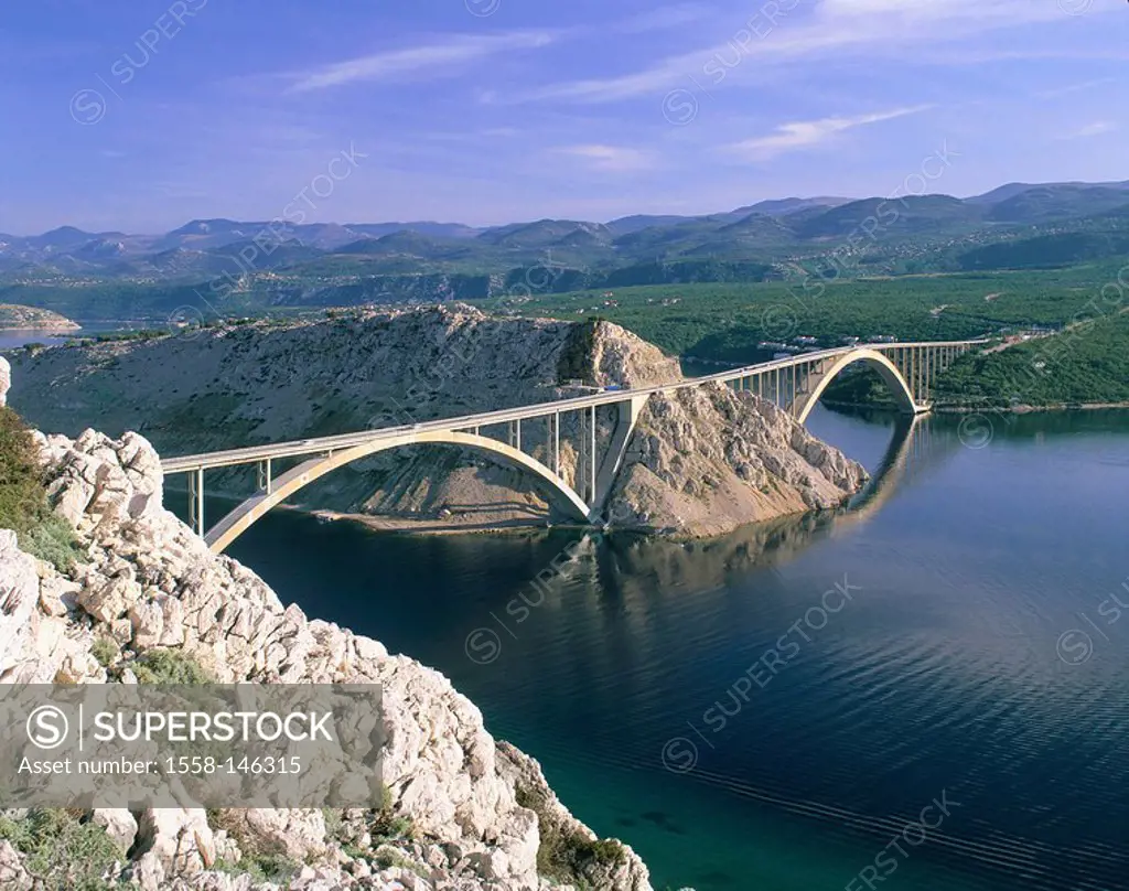 Croatia, Istria, island Krk, bridge Krcki cider Adriatic Sea destination coast_landscape, vegetation, rocks, mountains, view, construction, architectu...