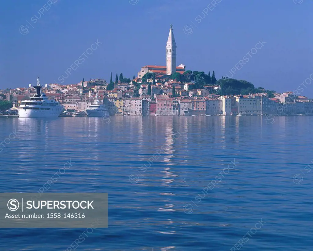Croatia, Istria, Rovinj, city view, harbor, cruise_ships, Adriatic Sea, lake,water, destination, city, church, steeple, houses, port, landing place, s...