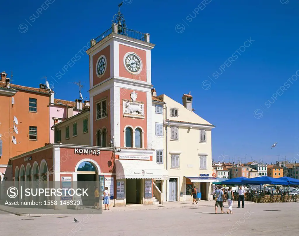 Croatia, Istria, Rovinj, port, clock_tower, destination, city, tower, clock, buildings, houses, harbor, place, cafes, pavement cafés, tourists, people...